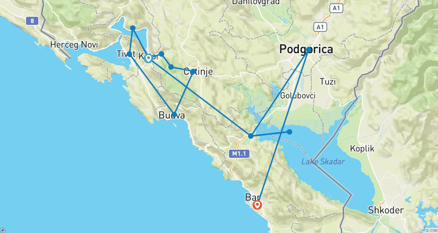 خريطة مسار Montenegro Fly-Drive Adventure