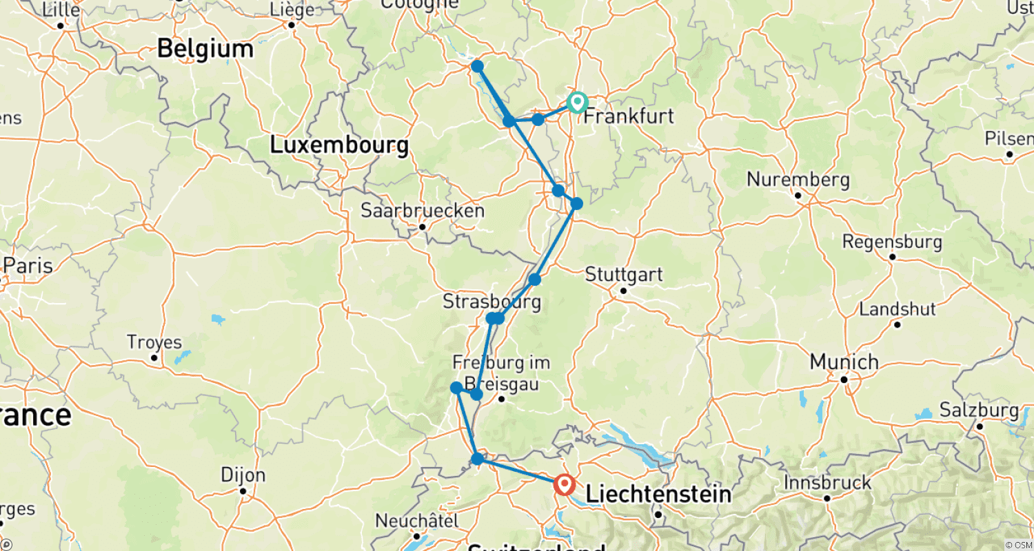 Mapa do percurso de O Reno Majestoso 2026 - 8 Dias (de Frankfurt am Main a Zurique)