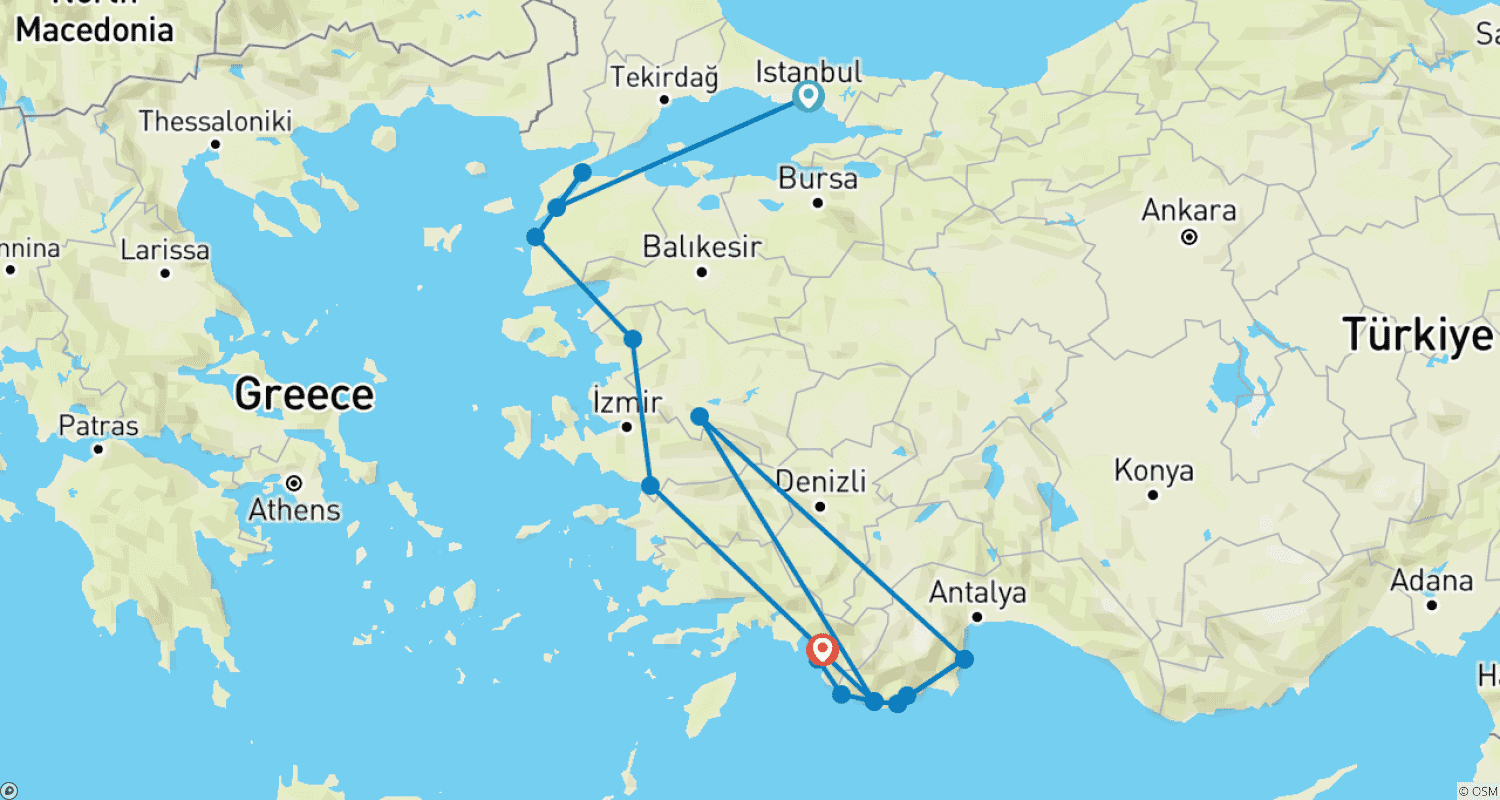 Mapa do percurso de Istambul a Fethiye + Cruzeiro de Gulet - 12 Dias