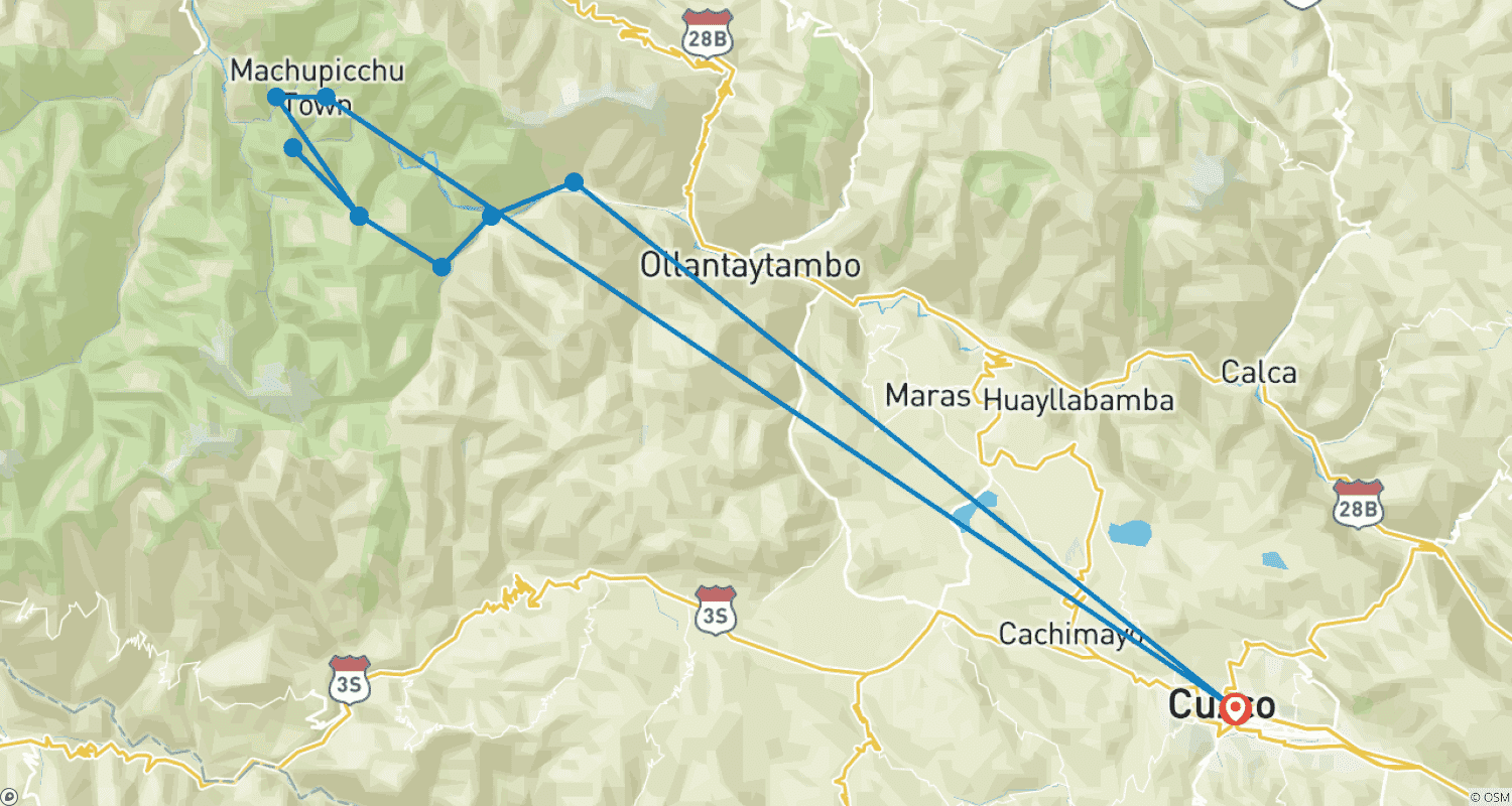Mapa do percurso de Trilha Inca e Machu Picchu - 7 Dias