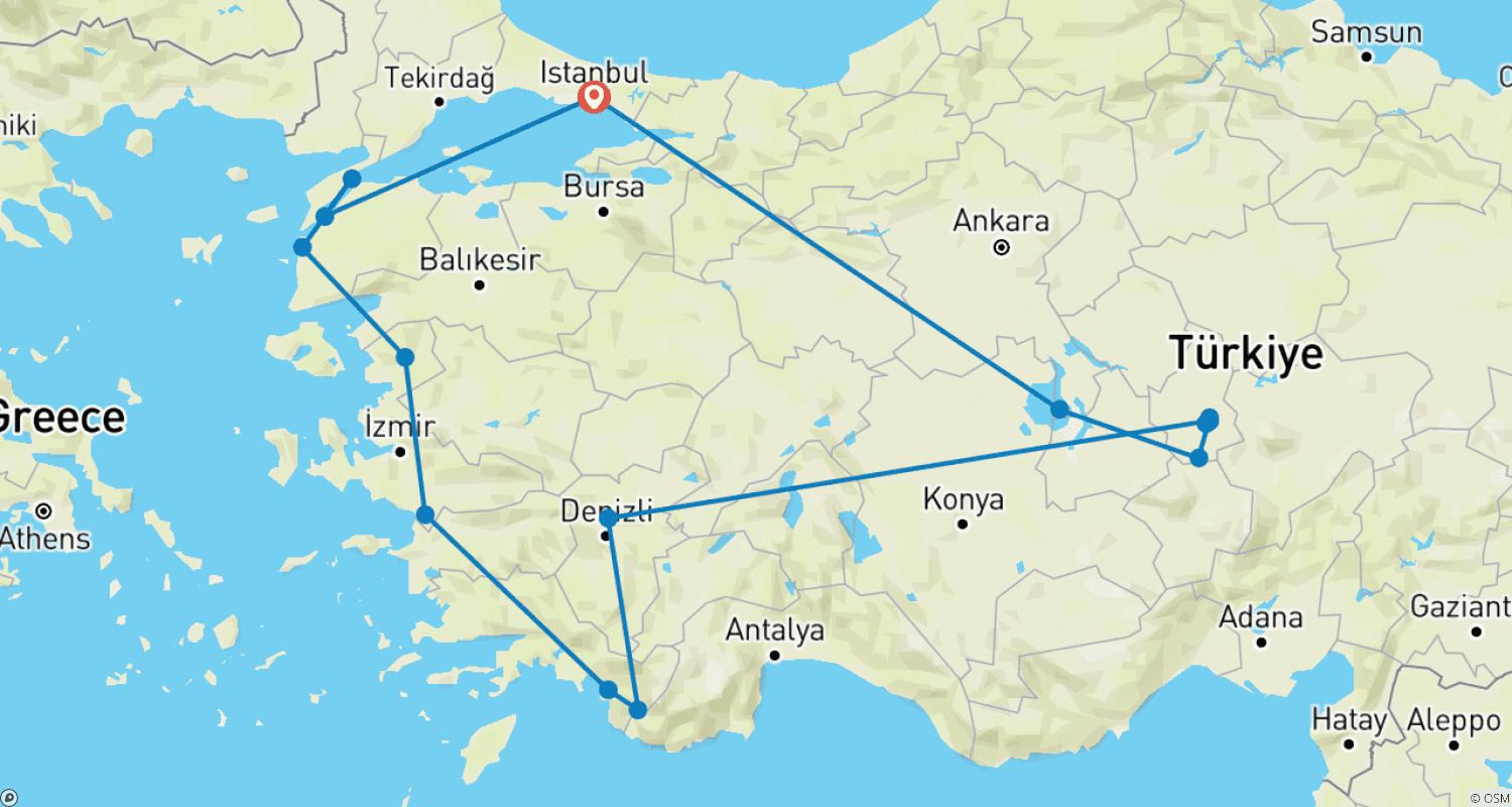 All Around Turkey - 10 Day Tourのルートマップ