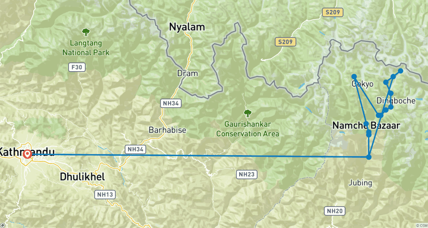 Mapa do percurso de Caminhada ao Acampamento Base do Everest e Regresso de Helicóptero