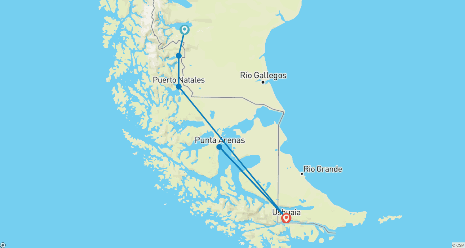 Mapa trasy: Przygoda Torres del Paine i Ushuaia 9D/8N