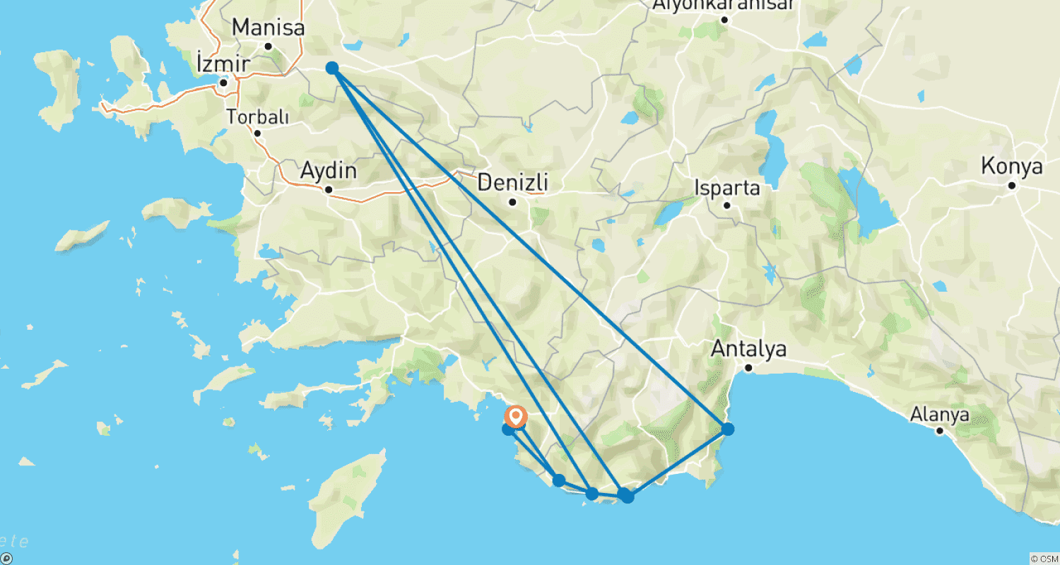 Mapa do percurso de Velejar na Turquia: Cruzeiro de Gulet Fethiye Kekova Fethiye para Idades Mistas