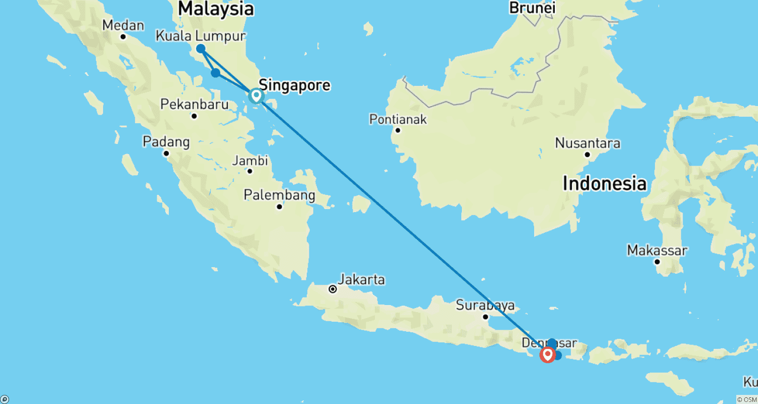 Mapa trasy: 14-dniowa rodzinna wycieczka po Singapurze, Malezji i Bali (prywatny przewodnik i kierowca)