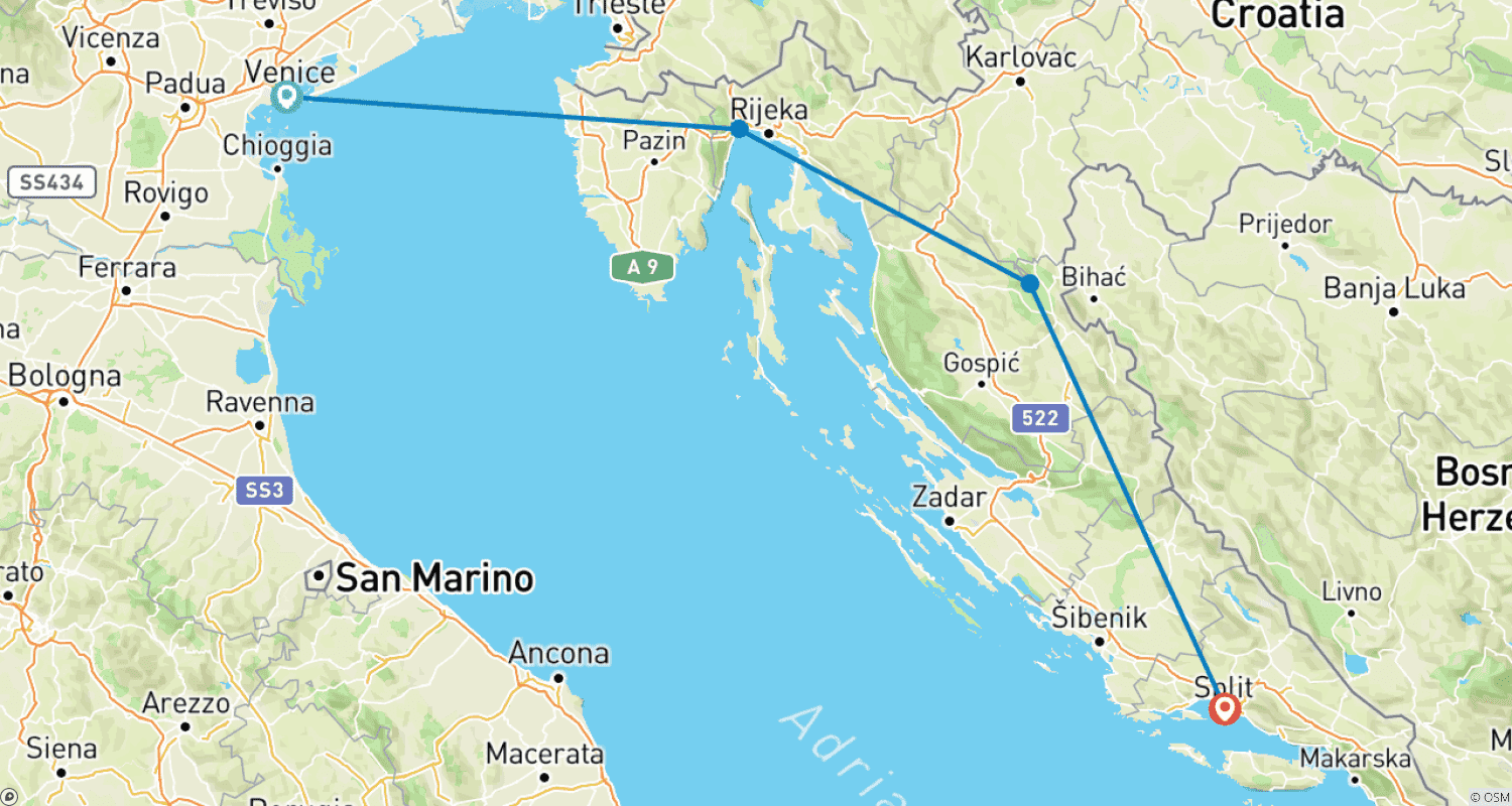Mapa do percurso de Coast Express - Porta de Entrada Italiana Veneza/Opatija a Split