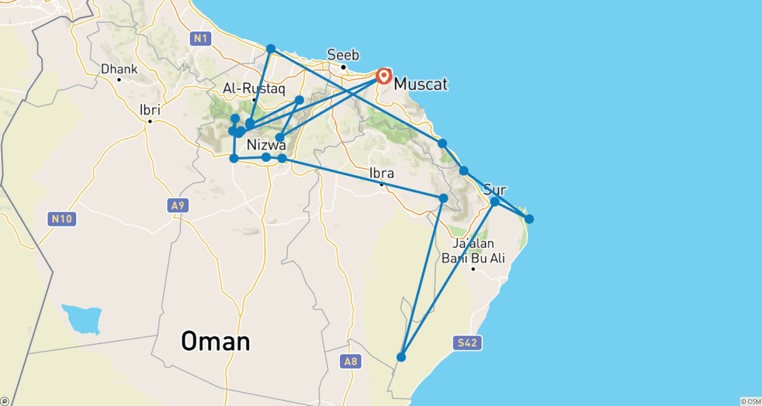 Mapa do percurso de Impressões de Omã