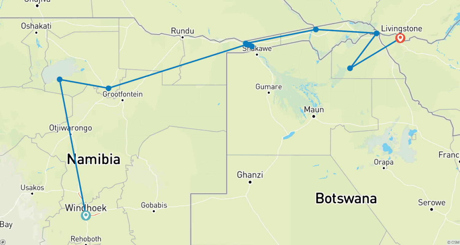 Mapa trasy: Namibia - Z Windhoek do Wodospadów Wiktorii