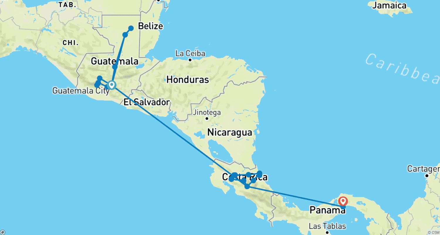 Highlights of Central Americaのルートマップ