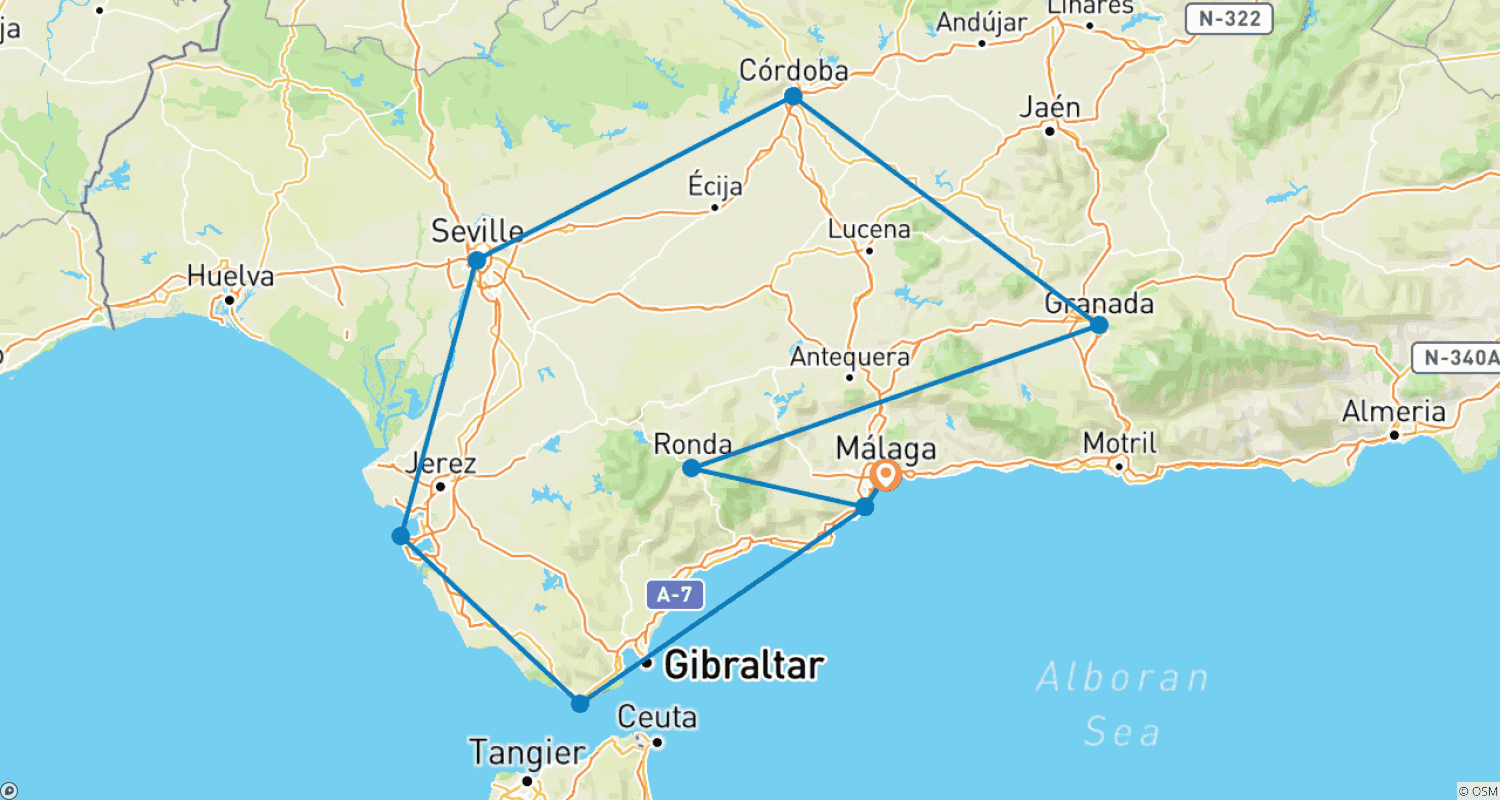 Mapa do percurso de Conheça a Andaluzia ─ Destaques do Sul Espanhol