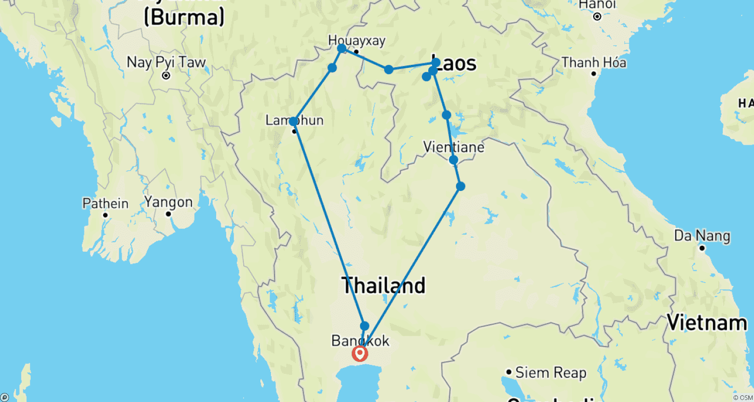 Mapa trasy: Tajlandia i Laos - Między Magią Świątyń a Romantyzmem Rzeki