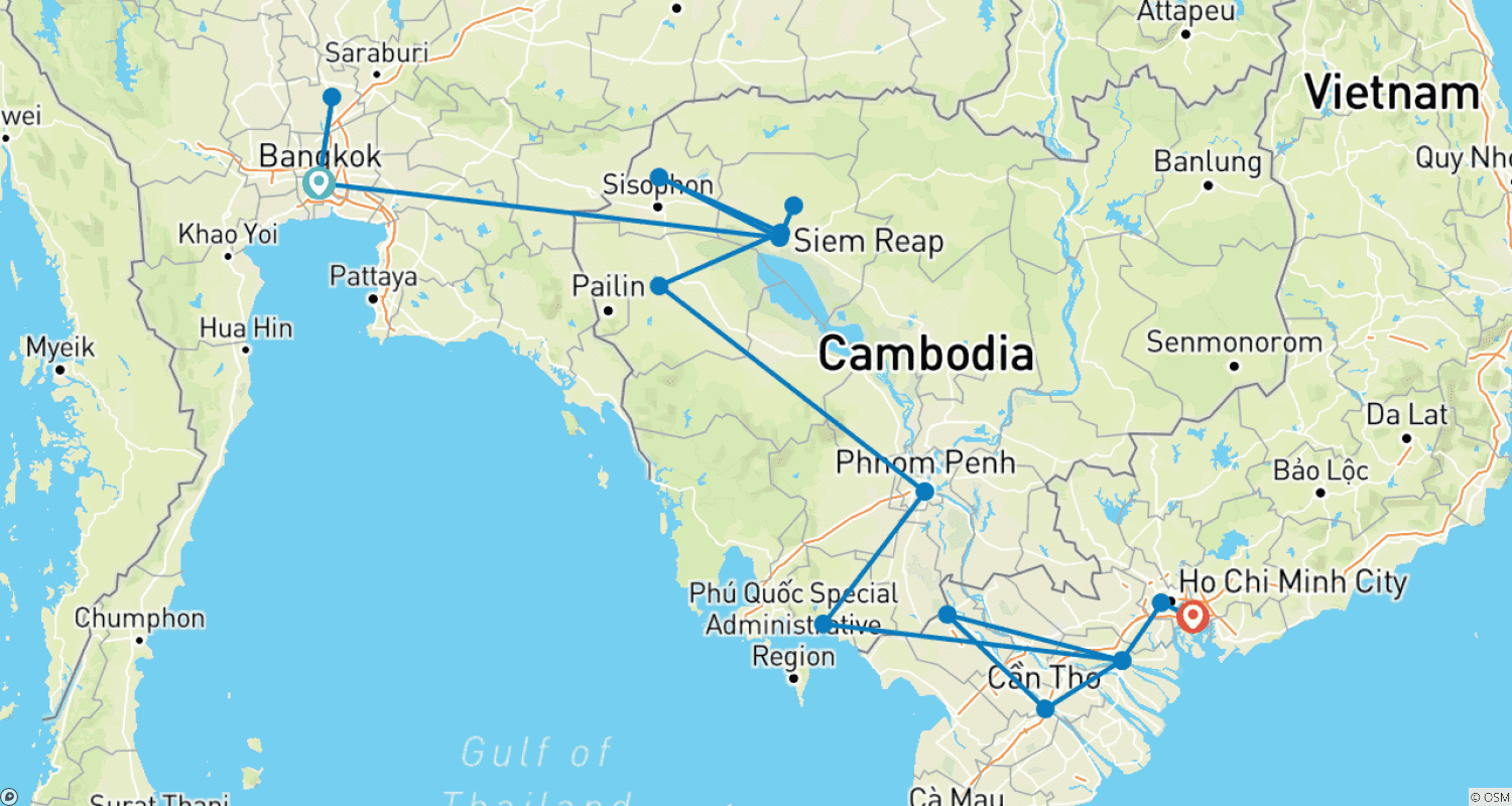 Mapa trasy: Bicie Serca Azji - Lądem z Bangkoku do Południowego Wietnamu