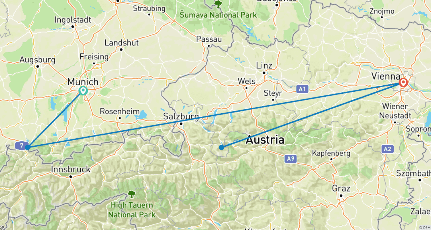 Mapa trasy: 7-dniowa podróż pociągiem z Monachium do Wiednia