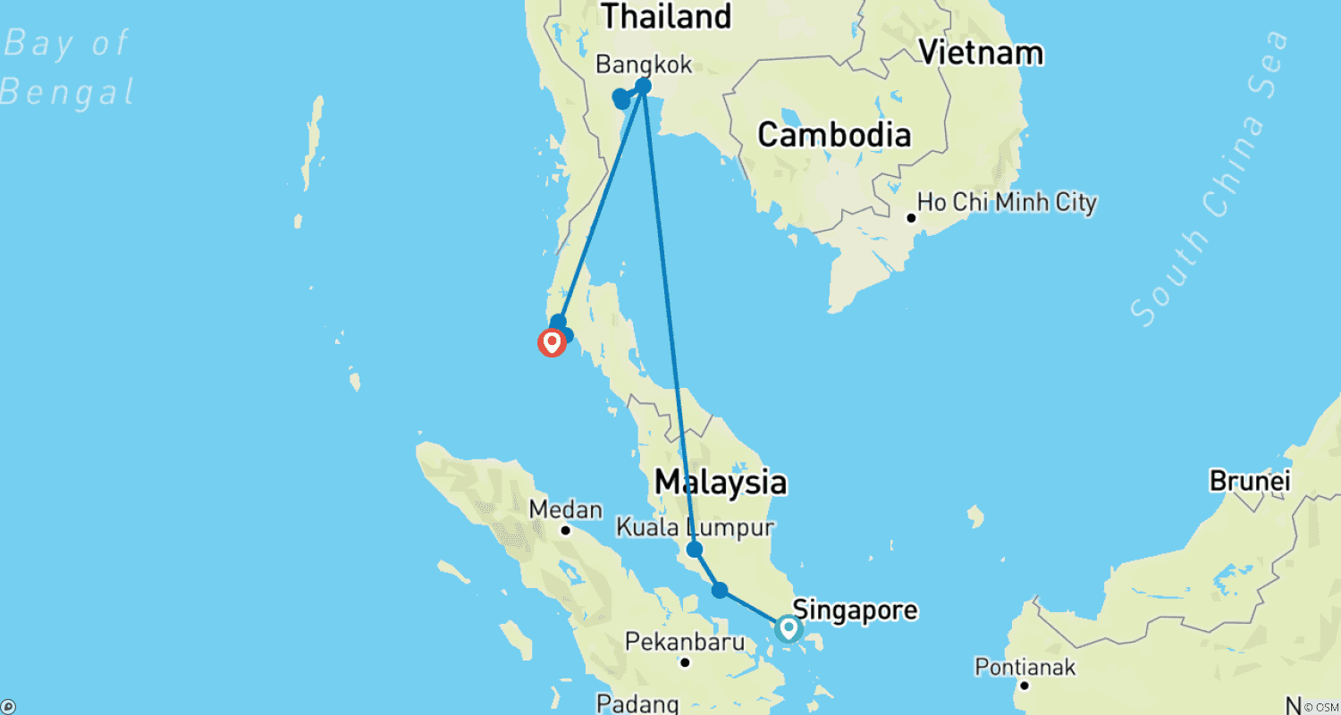 Mapa trasy: 14 dni idealne połączenie Singapuru, Malezji i Tajlandii — wycieczka rodzinna (prywatny przewodnik i kierowca）
