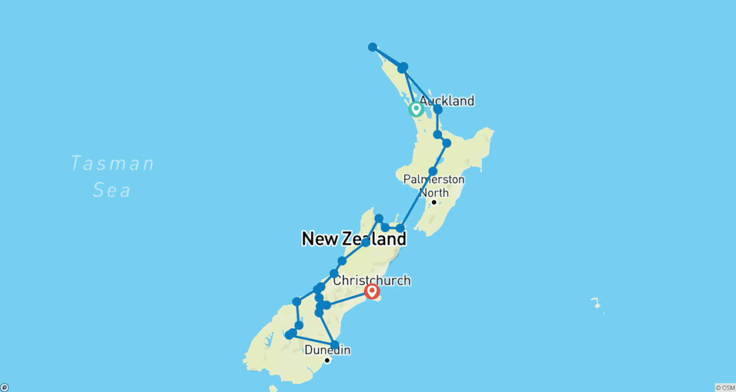 Mapa trasy: Doświadcz Nowej Zelandii świadomie z Auckland do Christchurch