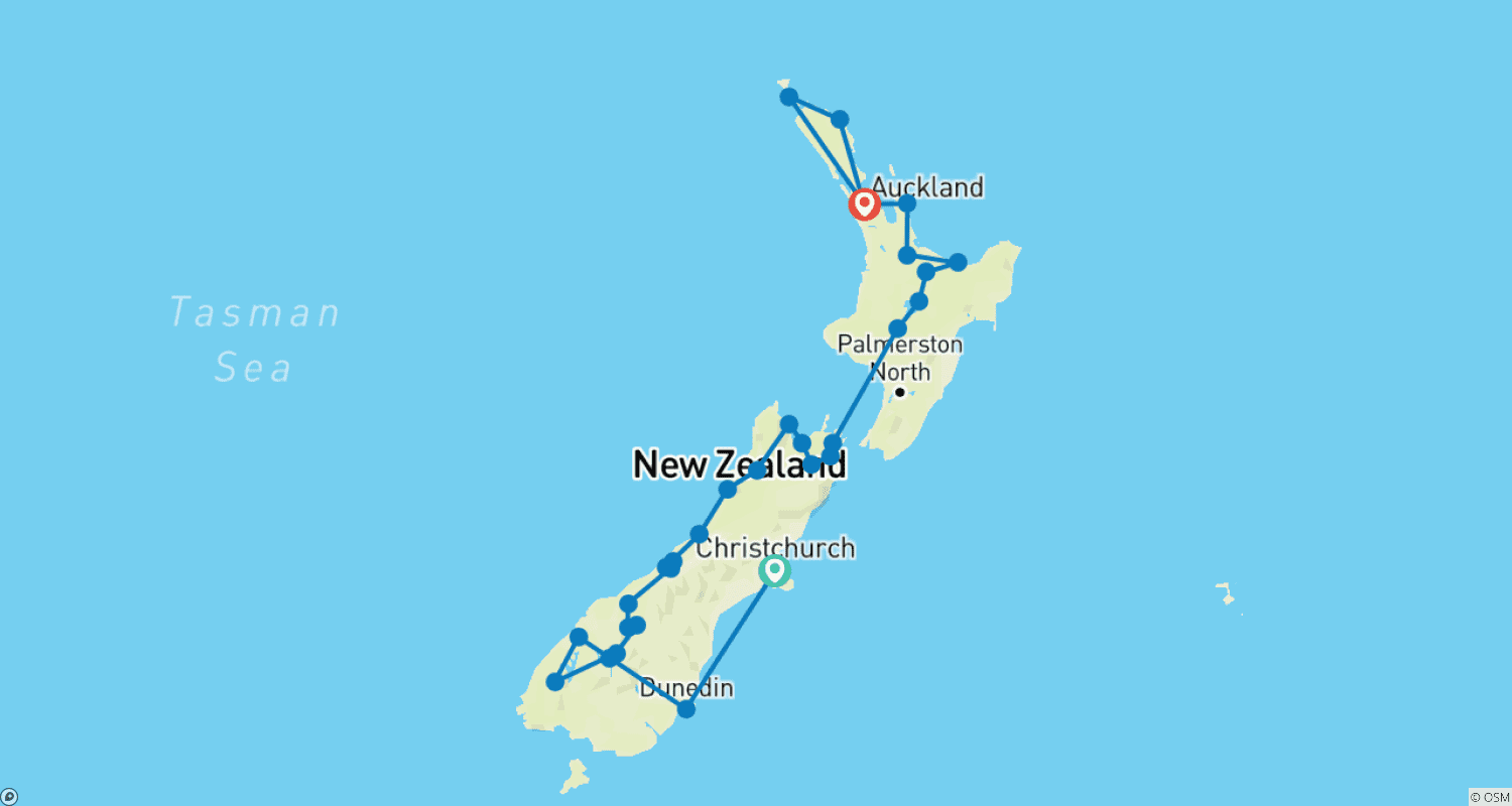 Mapa do percurso de Experimente a Nova Zelândia de forma consciente, de Christchurch a Auckland