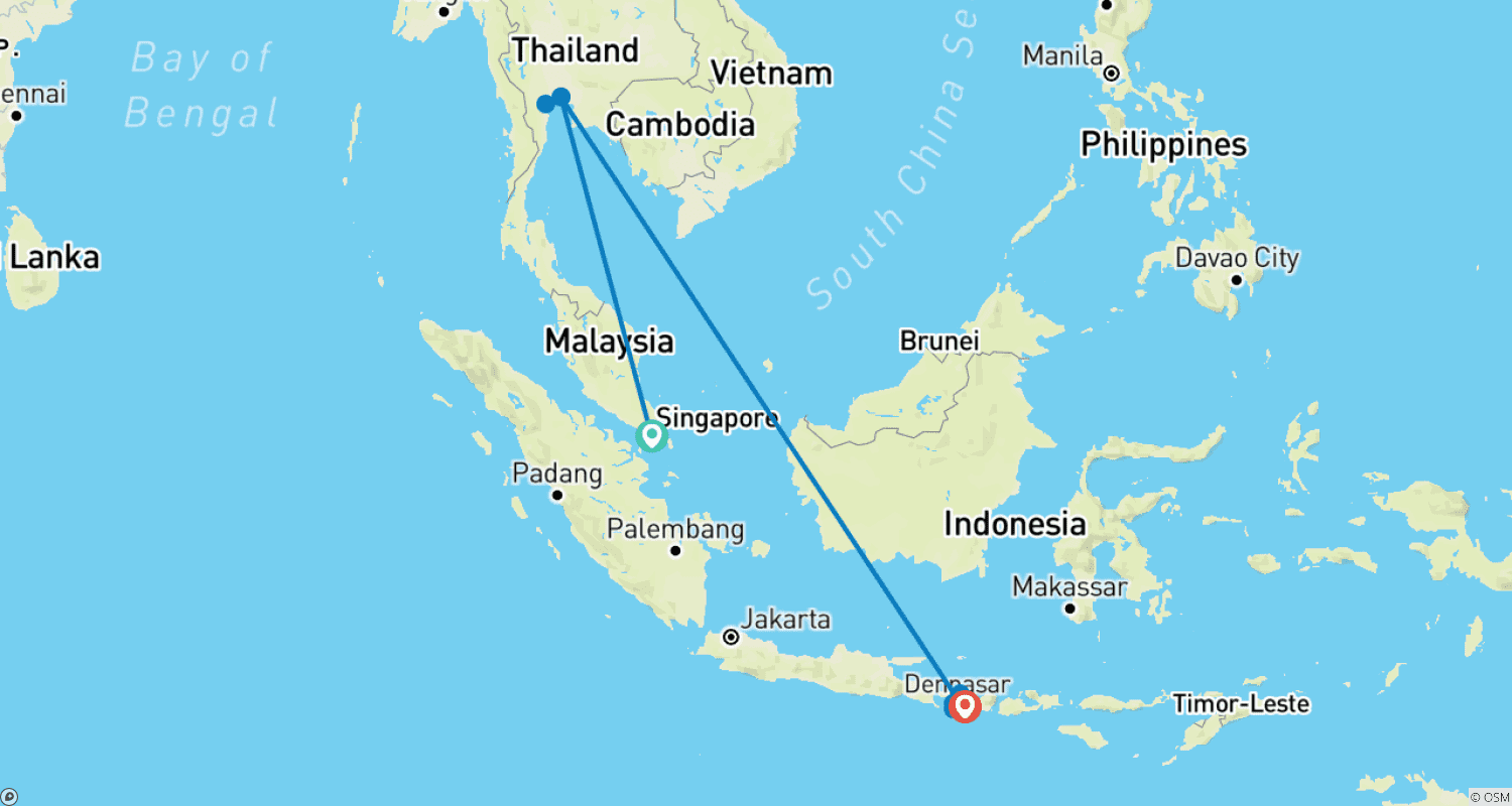 Mapa trasy: 12 dni Niesamowita rodzinna wycieczka po Singapurze, Tajlandii i Bali (prywatny przewodnik i kierowca)