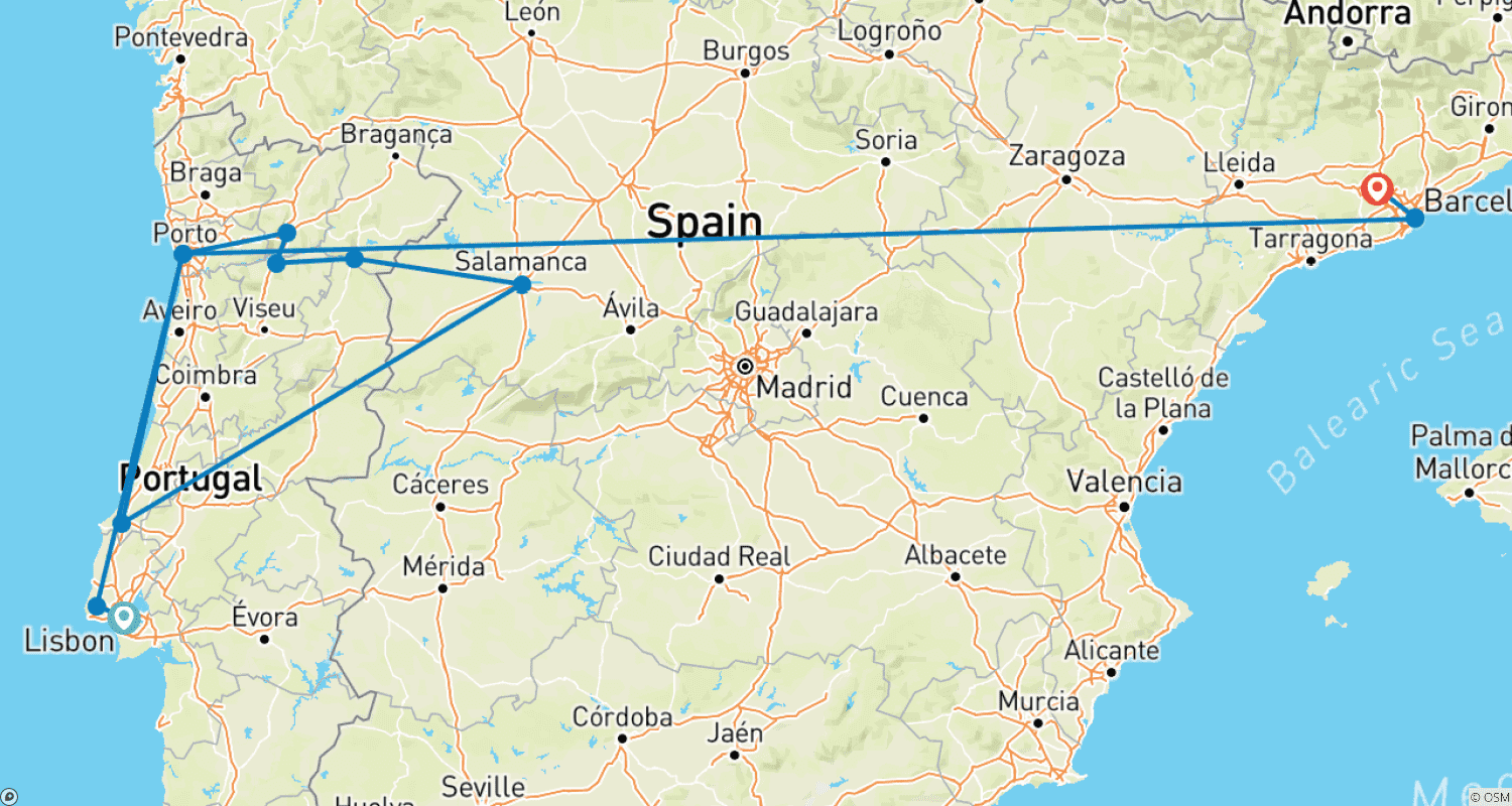 خريطة مسار Lisbon to Barcelona & Secrets of the Douro