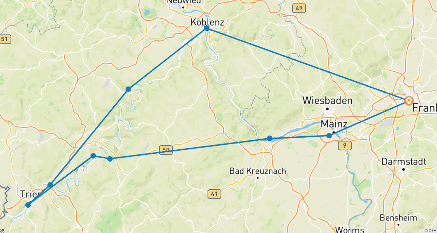 Mapa do percurso de Reno e Mosela Lendários 2026 - 8 Dias