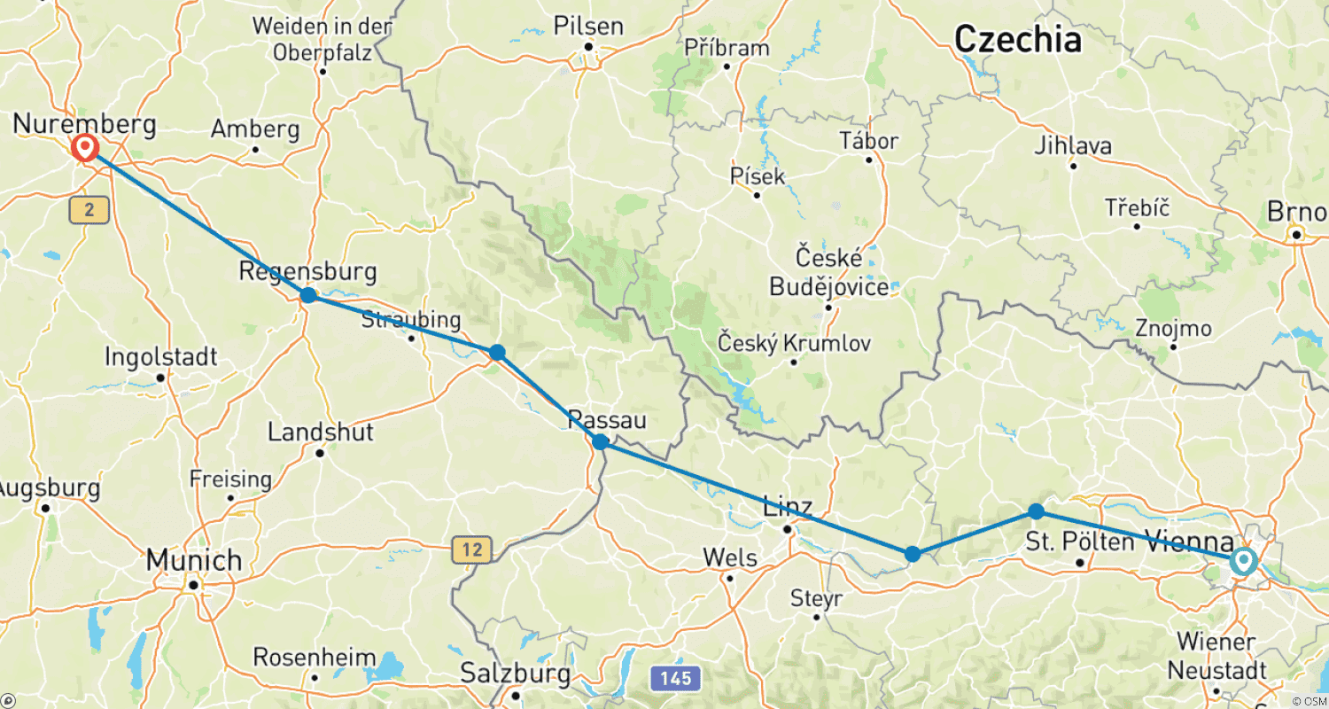 Mapa trasy: Winnice i Pałace wzdłuż Dunaju (2026) (Wiedeń do Norymbergi, 2026)