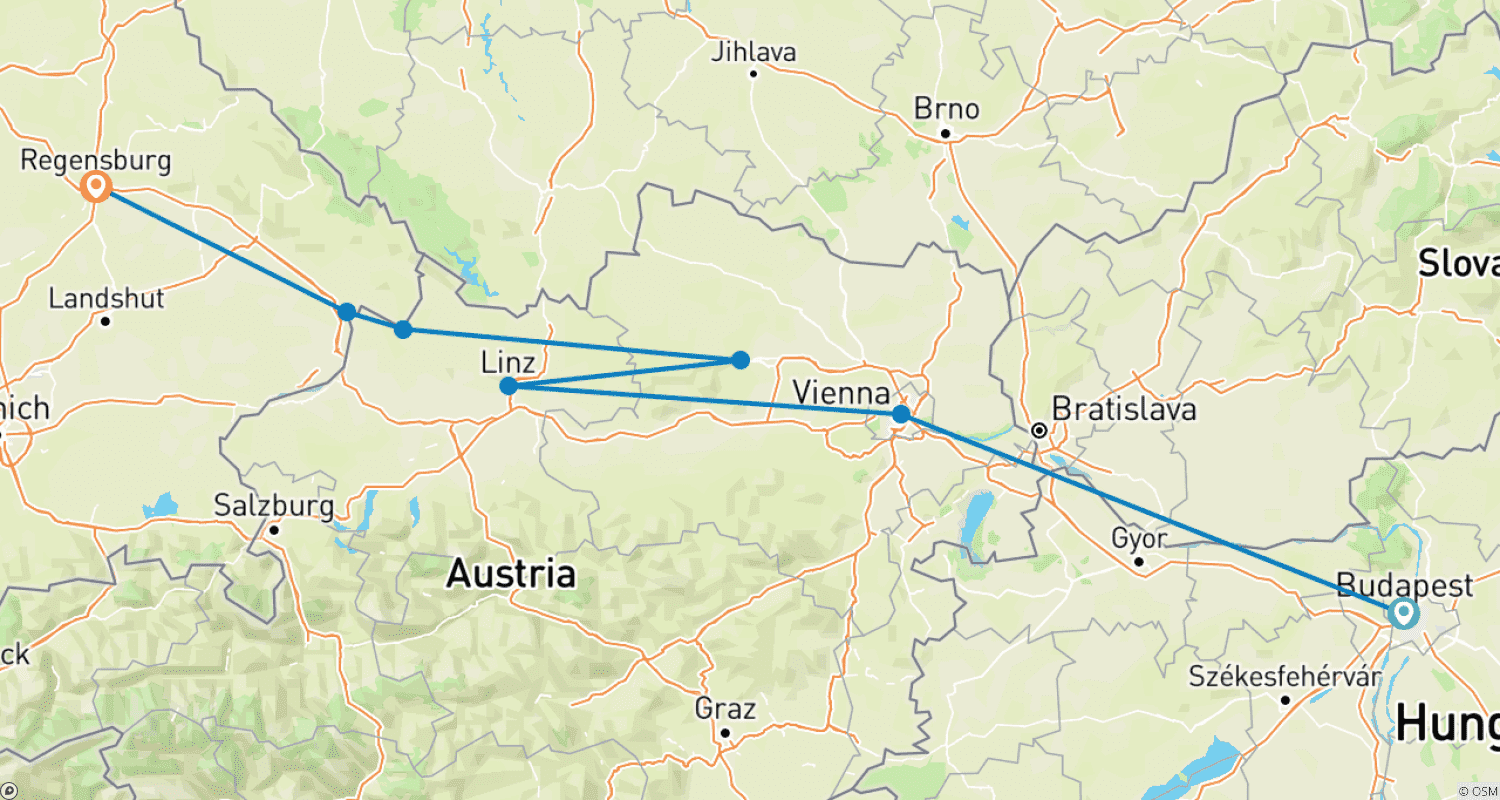 Mapa do percurso de Danúbio Encantador (2026) (De Budapeste a Ratisbona, 2026)