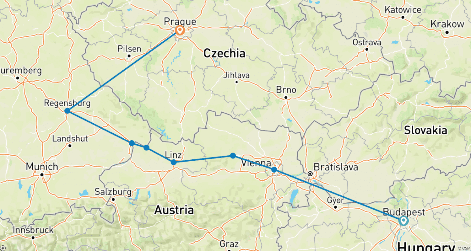 Mapa do percurso de Delightful Danube & Prague (2026) (Budapest to Prague, 2026)