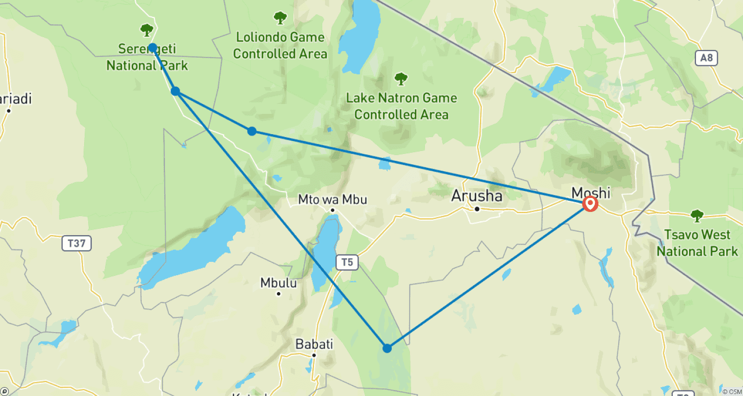 Mapa trasy: 4-dniowy Prywatny Kemping Serengeti Ngorongoro & Tarangire