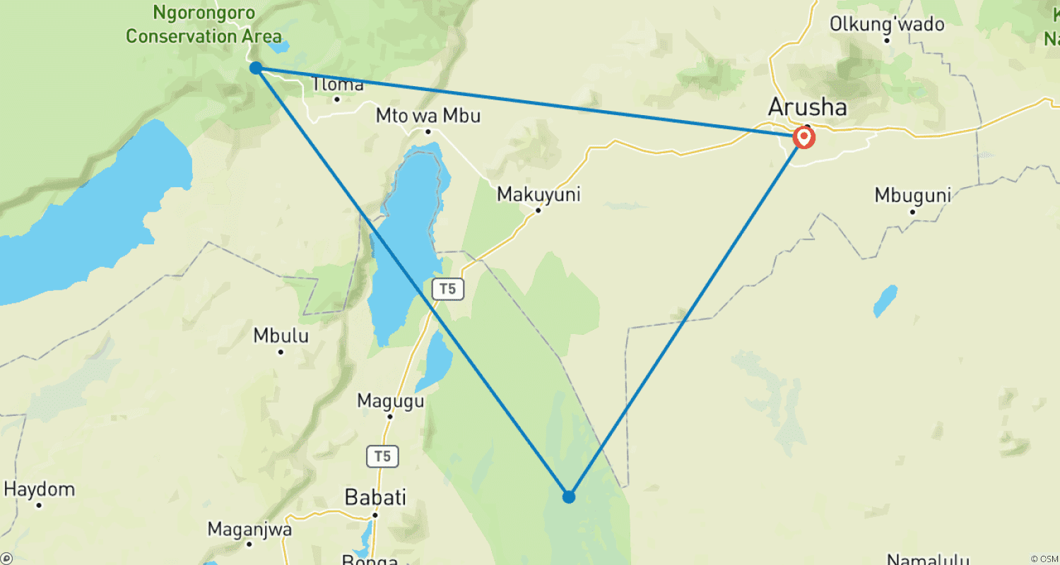 خريطة مسار روعة التخييم في Tarangire و Ngorongoro لمدة يومين