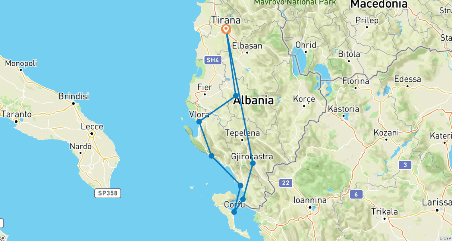 Albanian Riviera & Corfu: A Self-Drive Escapeのルートマップ