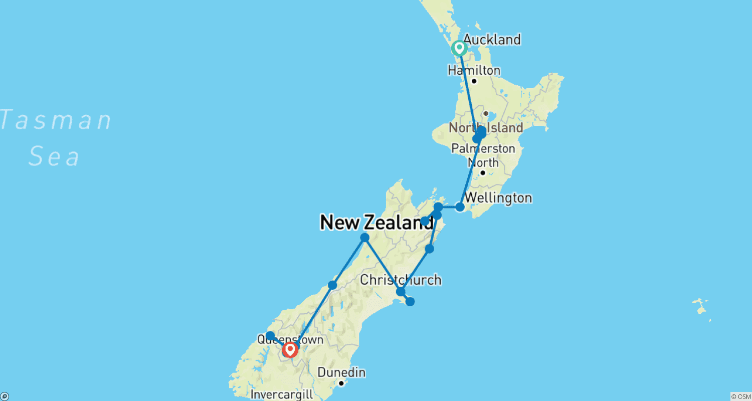 Mapa do percurso de Classic | New Zealand Highlights Tour