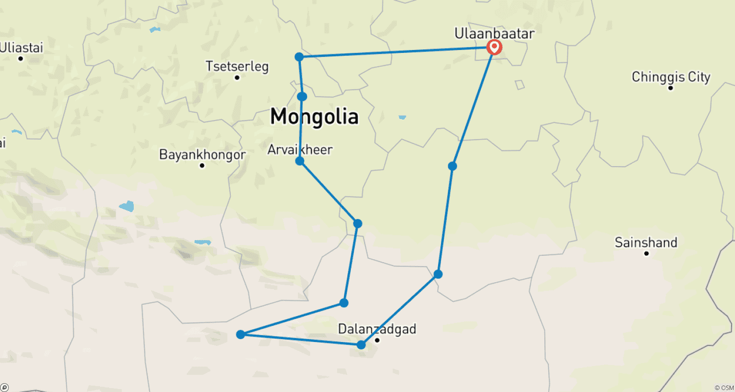 خريطة مسار Gobi Desert & Kharkhorin: 11-Day Self-Drive Tour