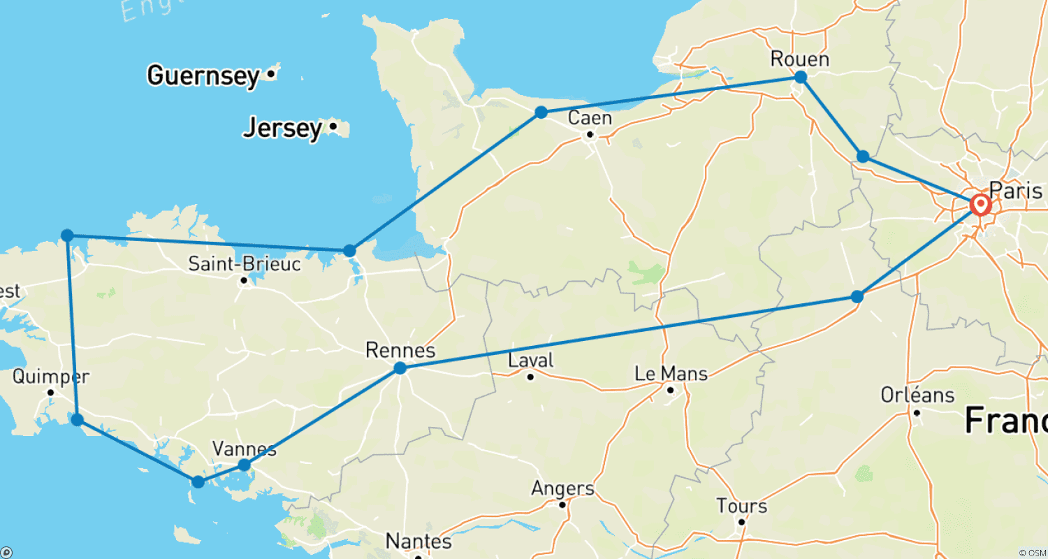 Mapa trasy: Normandia i Bretania - Dziki i Romantyczny Północny Zachód Francji
