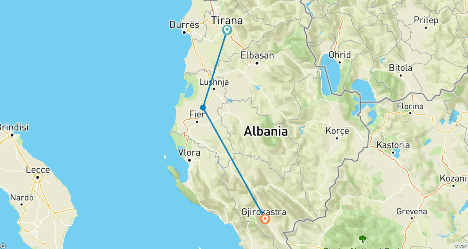 Mapa do percurso de De Tirana: Cidade Antiga da UNESCO de Gjirokastra e Olho Azul