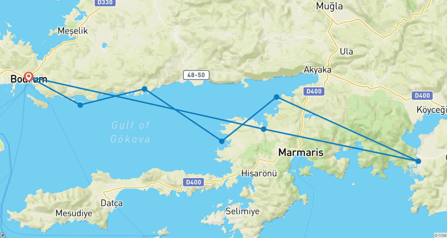 Mapa do percurso de Gulet Roulette | Cruzeiro Azul Privado de 4 Cabines | Bodrum-Golfo de Gökova