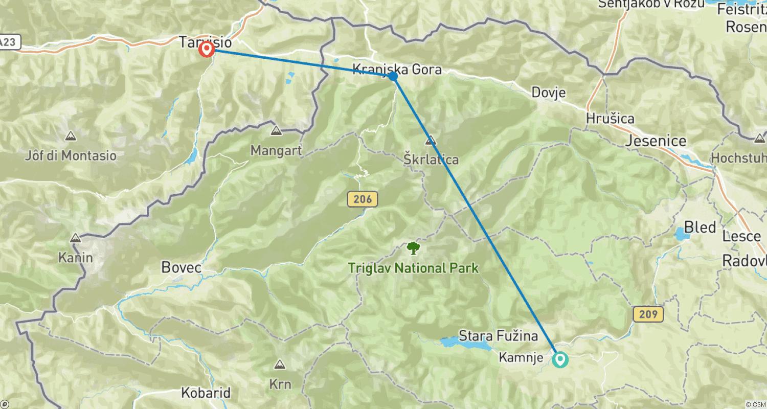 Mapa do percurso de Esquie e Jante nos Alpes Julianos