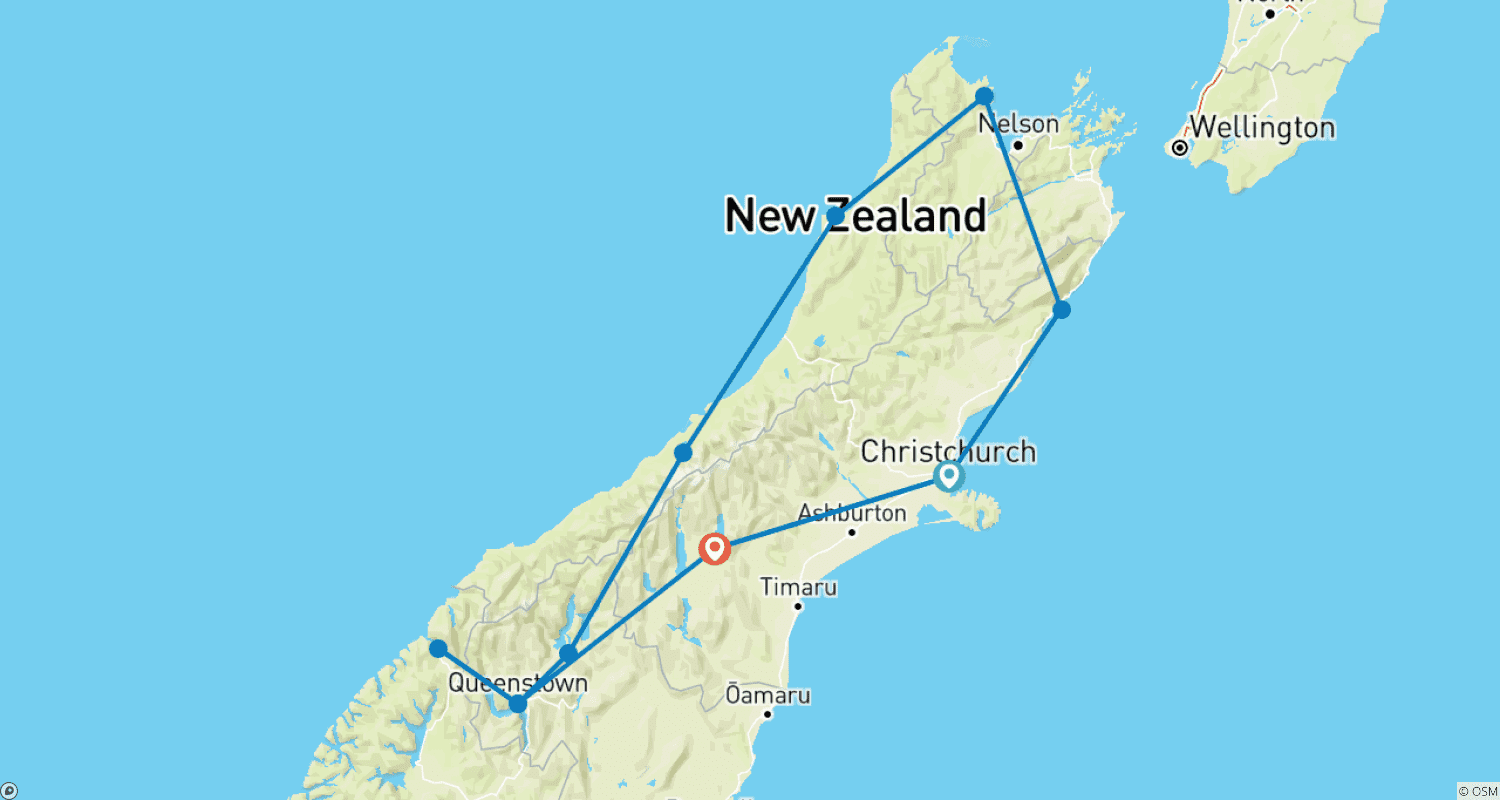 Mapa do percurso de South Island - Hop-On Hop-Off bus pass