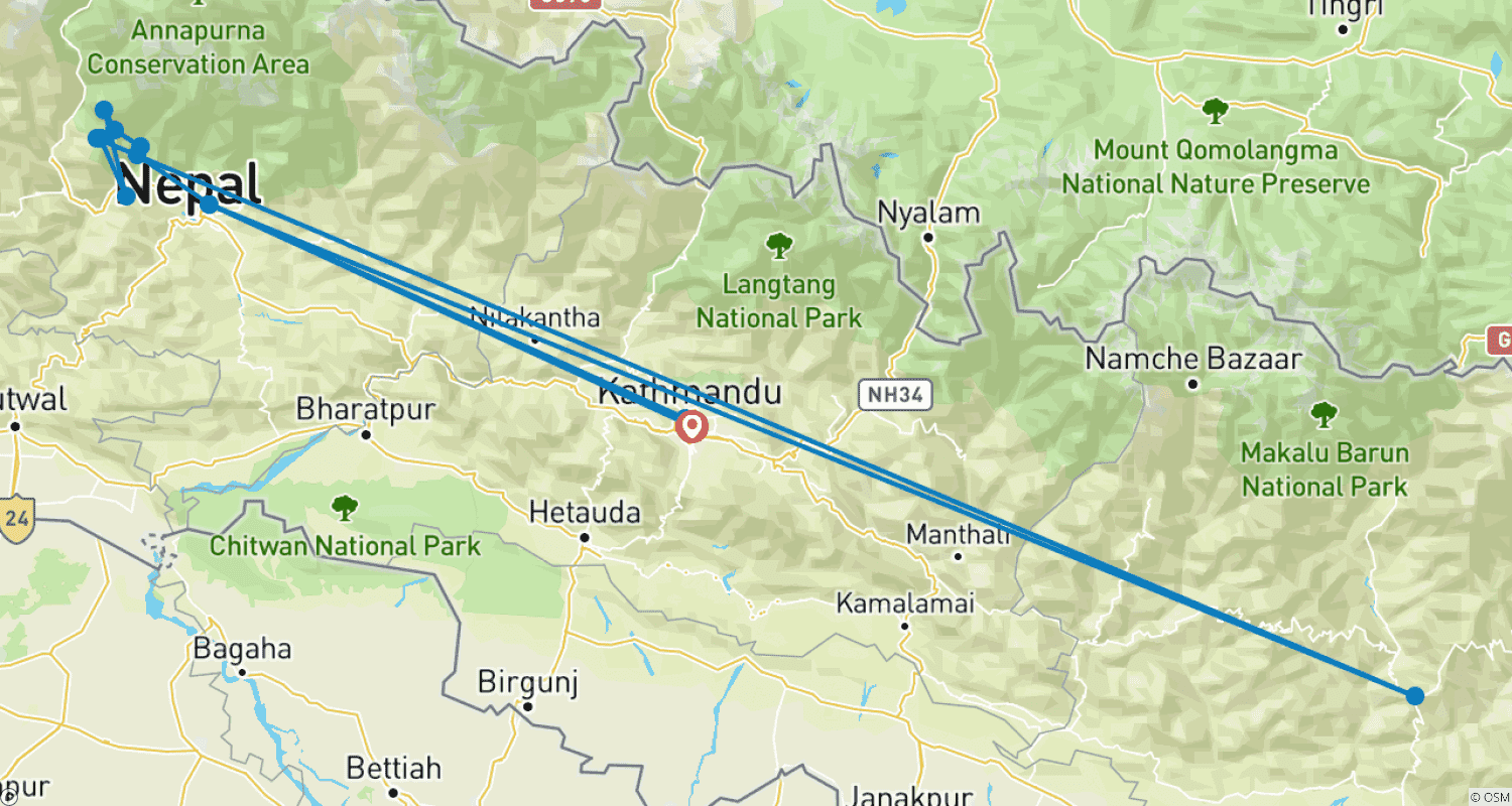 Mapa do percurso de Caminhada Khopra Ridge com Poon Hill