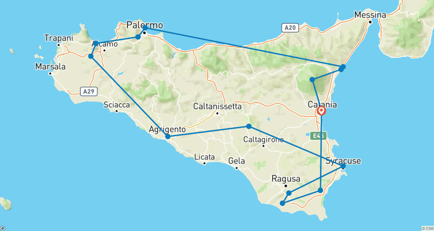 Mapa do percurso de 8 Dias na Sicília: A Ilha dos Tesouros a partir de Catânia