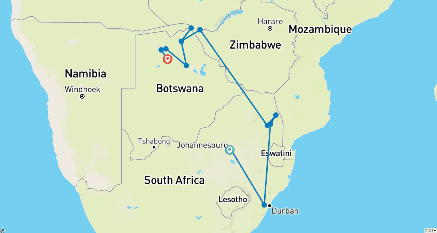 プレミアム南部アフリカ徹底探訪サファリ – 11日間 / 10泊 (SA, Kruger, ヴィクトリアの滝, Chobe River, Okavango Delta)のルートマップ