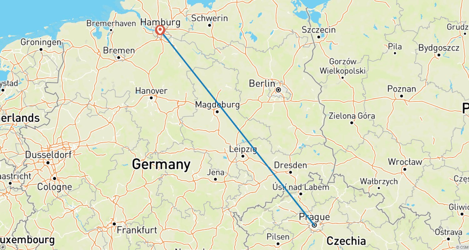 Mapa trasy: 7-dniowa Praga i Hamburg Pociągiem