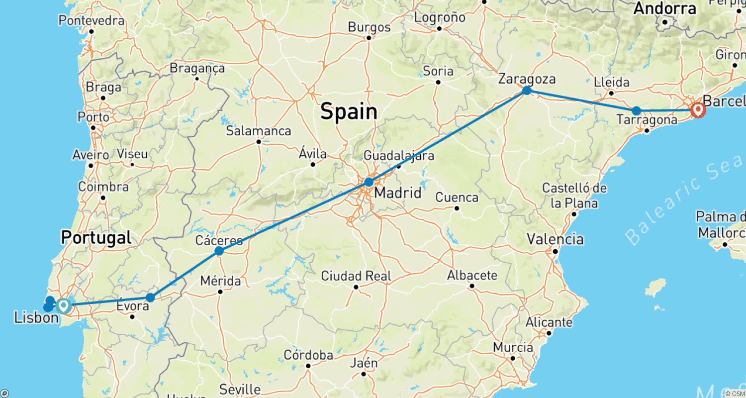 Mapa do percurso de 9 Days Trip Across The Iberian Wonders