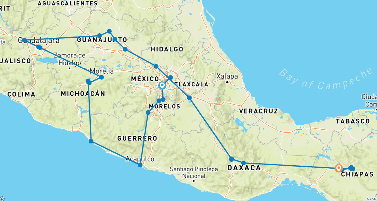 Mapa do percurso de Um Pouco de Todo o México