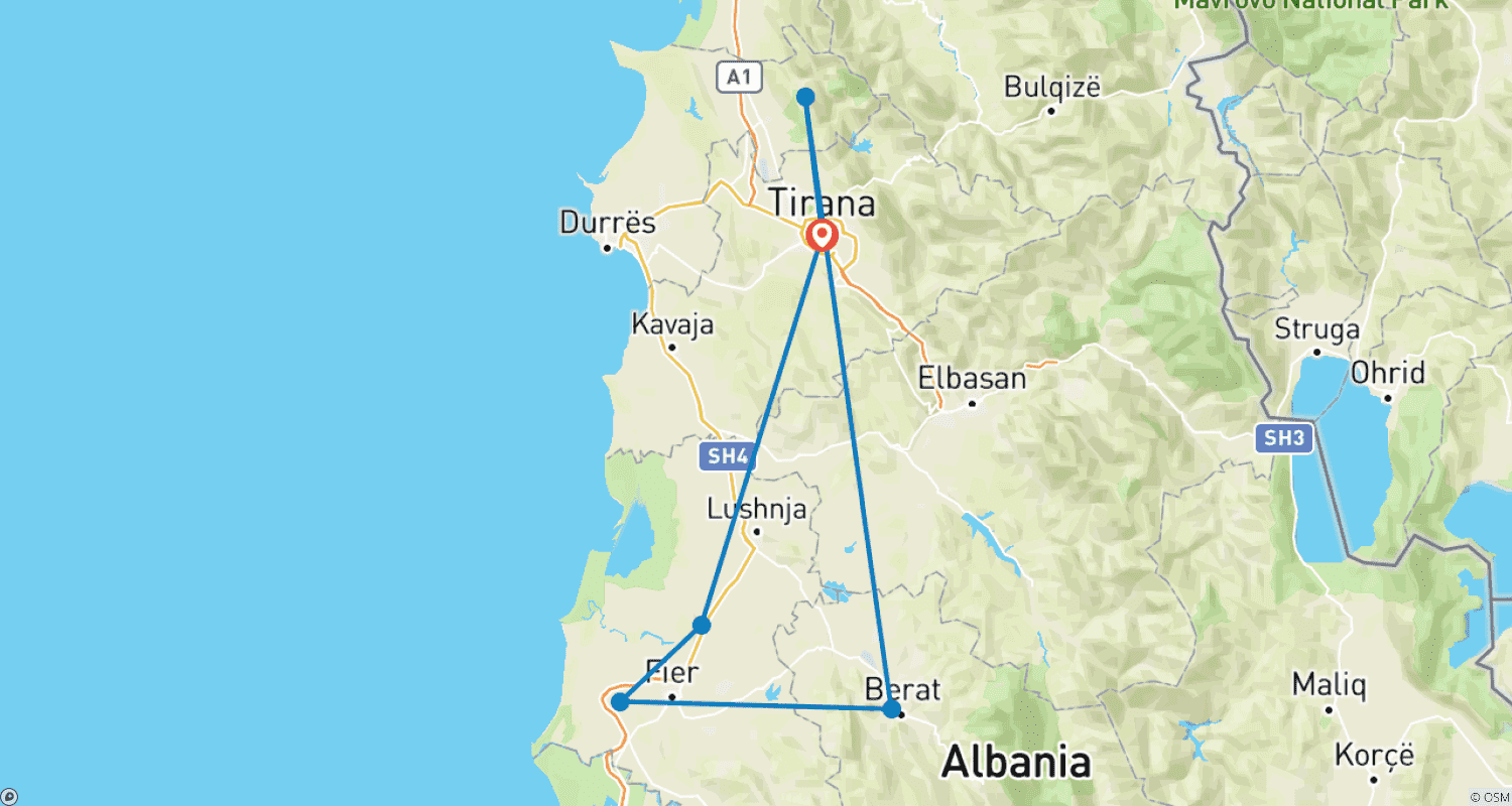 Mapa do percurso de Passeio Autoguiado de 5 Dias: Descubra a História e Cultura da Albânia