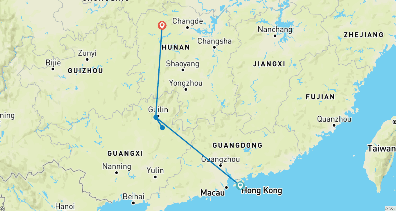 Mapa do percurso de 7 Dias de Aventura em Família Pelas Maravilhas Naturais do Sul da China (guia e motorista particulares)