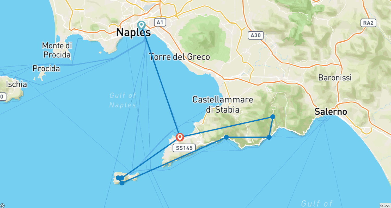 Mapa do percurso de Entre Sorrento e Amalfi: Uma Jornada Pelas Cores do Mediterrâneo