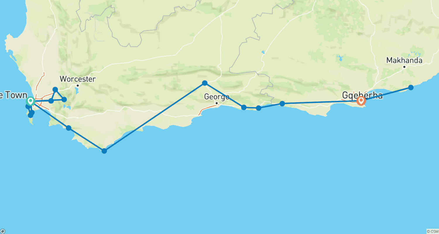 Mapa trasy: Cape Town, Garden Route and Eastern Cape