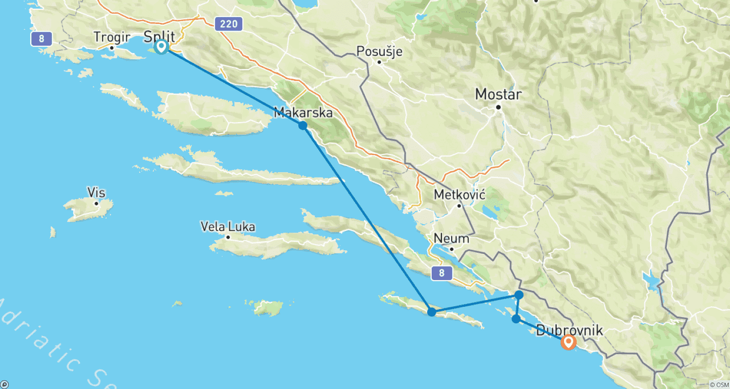 Split to Dubrovnik – 4 day Premium Boat Cruiseのルートマップ