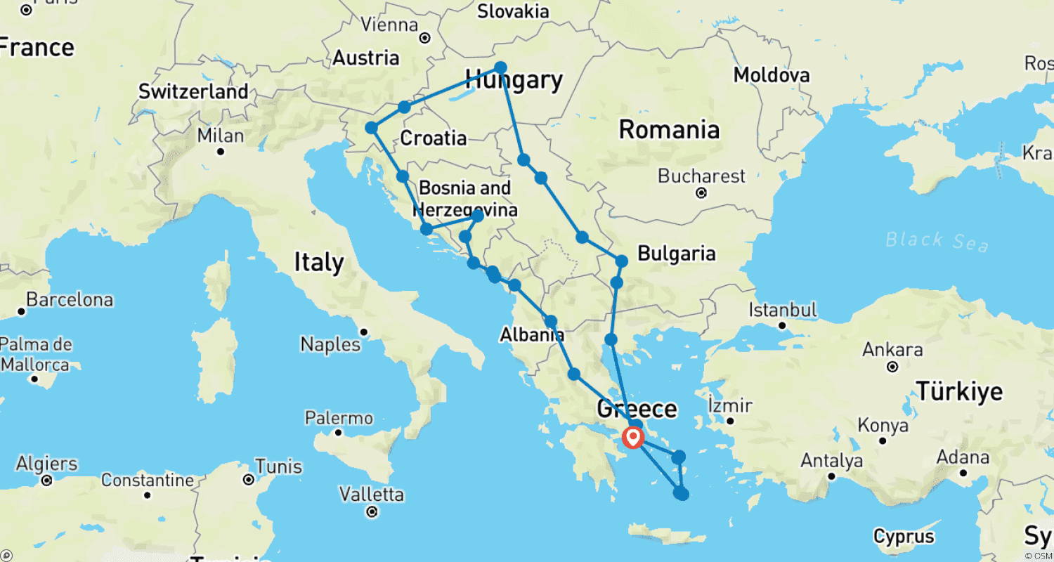 Mapa do percurso de O Melhor dos Balcãs e Ilhas Gregas