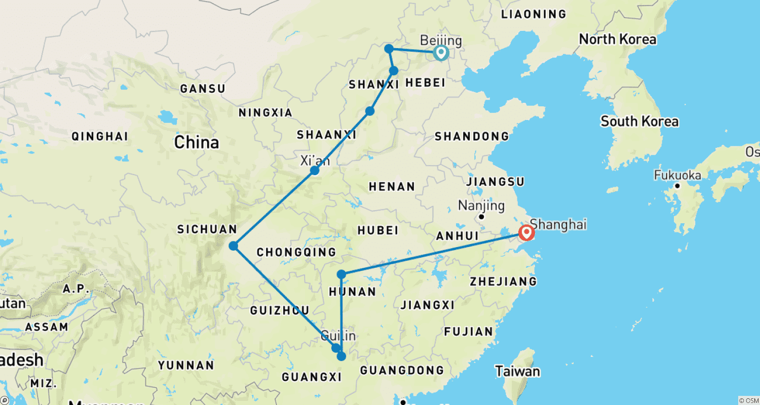 Mapa trasy: 21 Dni Niesamowitej Rodzinnej Wycieczki po Chinach Kungfu Panda (prywatny przewodnik i kierowca)