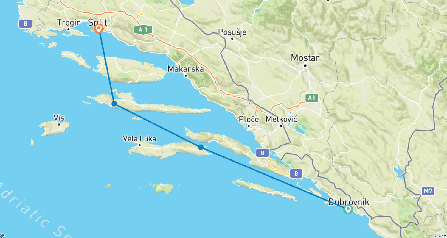 Mapa trasy: Dubrownik do Splitu – 5-dniowy rejs statkiem premium